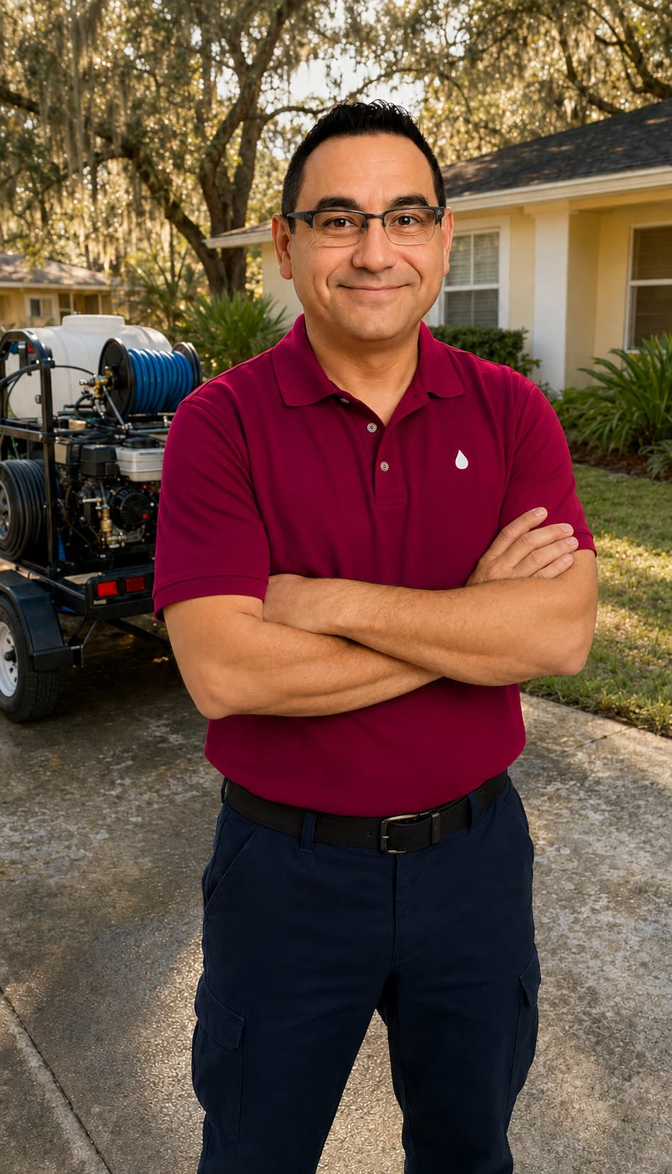 James Salinas, owner of Fernandina Power Washing, standing with his hot-water rig on a Nassau County residential driveway